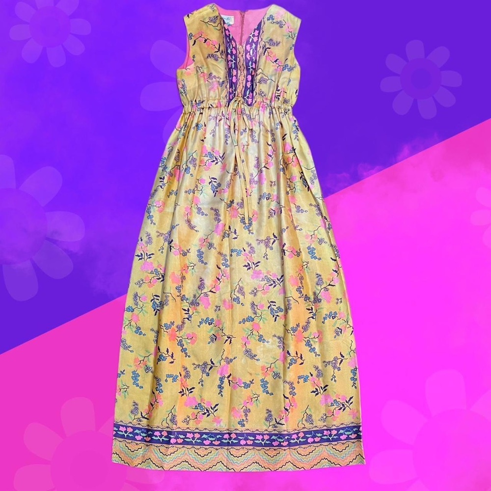 Vintage 60s Gold Floral Maxi Dress Queen Be By Ma Mere Maternity Small Rare Find